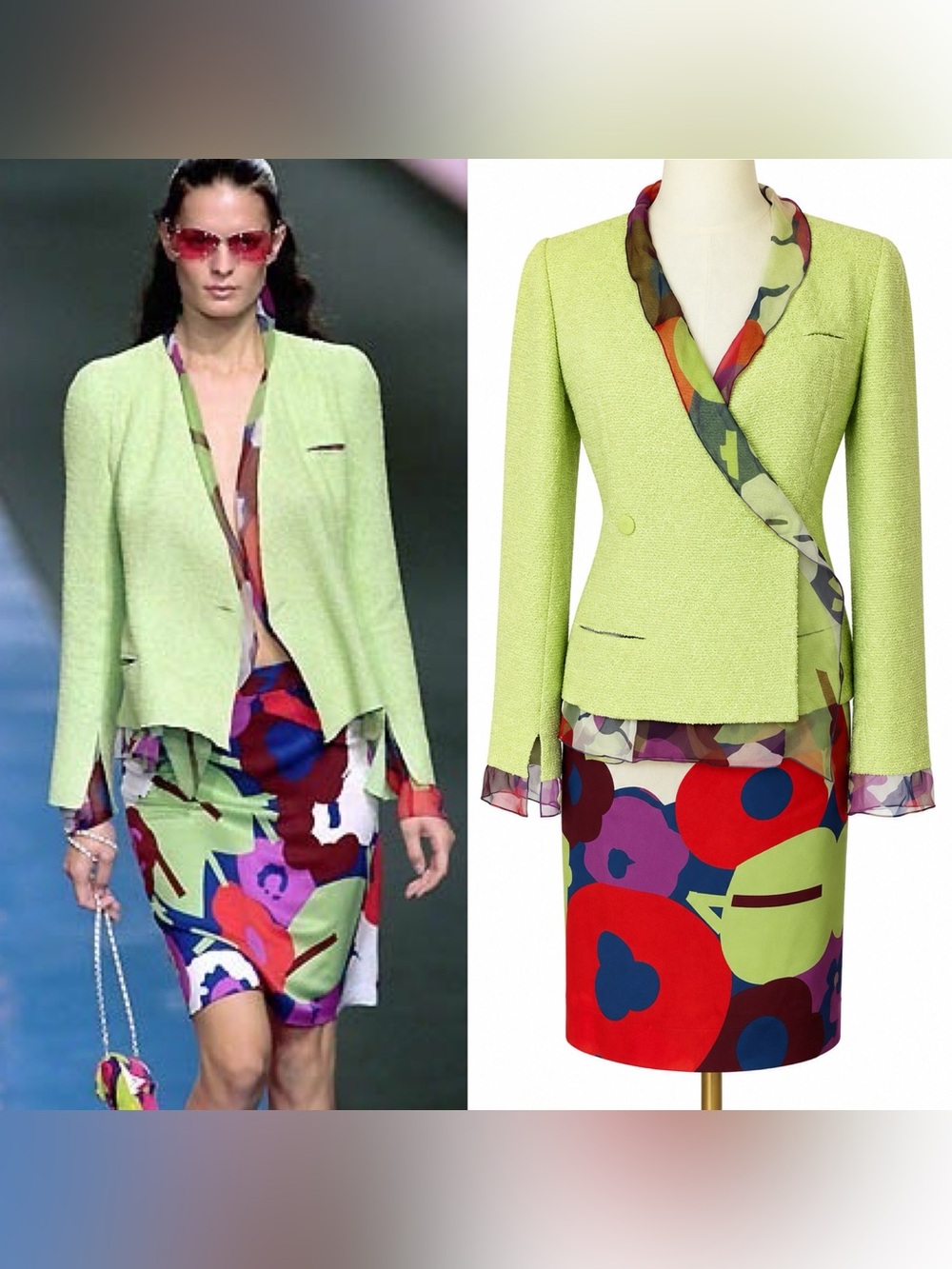 Vintage CHANEL 2000 Runway 2 Pc Boucle Jacket Suit Set Sz 40/42 Silk Skirt Rare